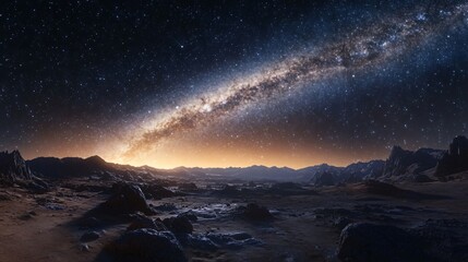 Naklejka premium A stunning view of a rocky alien landscape under a starry night sky, featuring the Milky Way.