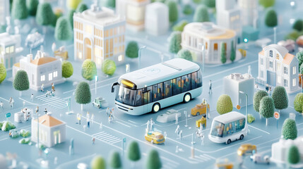 A vibrant cityscape featuring modern bus navigating through miniature urban environment filled with buildings, trees, and pedestrians. scene captures essence of urban life and transportation