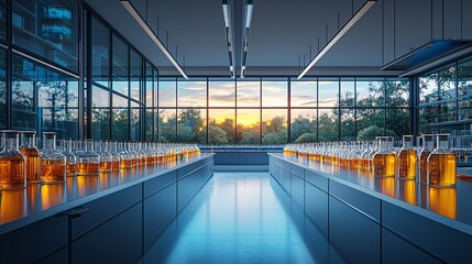 Fototapeta premium Modern Laboratory Interior with Glass Bottles Sunset View and Glass Walls