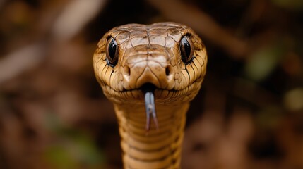 Fototapeta premium Close-up of a cobra with tongue extended, natural brown and yellow scales, in a forest setting