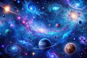 Obraz premium Expansive cosmic wallpaper with galaxies and universe motifs in deep shades of blue and purple