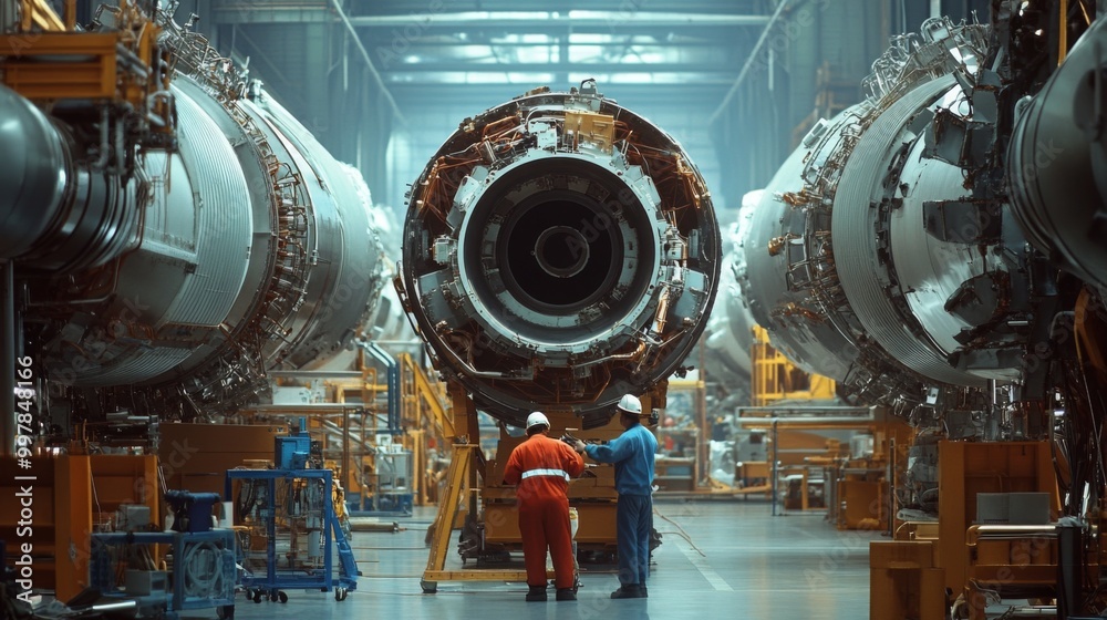 Poster two engineers, dressed in safety gear, are closely examining a large jet engine in a well-lit manufa