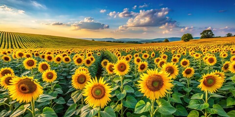 Obraz premium Expansive sunflower field with hillside backdrop, symmetrical