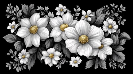 Elegant floral arrangement in grayscale with golden accents on a black background. Large white flowers with intricate leaves