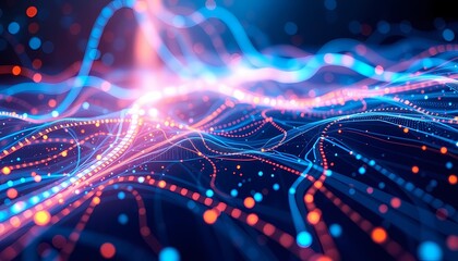 Futuristic Abstract Digital Landscape with Glowing Data Streams and Vibrant Blue-Orange Hues