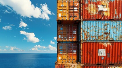 Fototapeta premium Industrial Beauty: Detailed Side View of Container Ship at Sea with Stacked Containers, Rust, Labels, and Blue Ocean Horizon