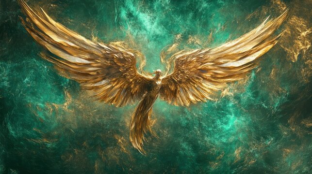 Angelic abstract motif in emerald gold color. Background colors with healing emerald and Archangel Raphael wings.