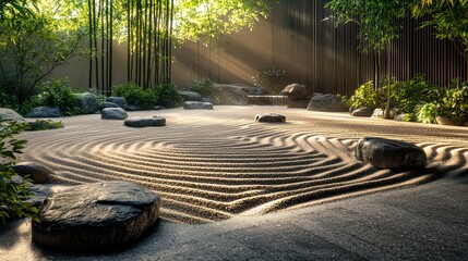 Obraz premium A minimalist Japanese garden featuring raked sand patterns, a few select stones, and a discreet bamboo water feature for tranquility