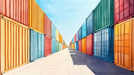 Fototapeta premium Global trade barriers, towering walls of containers blocking routes, Watercolor style
