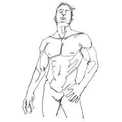 Nude male figure, contour drawing for graphic design.
