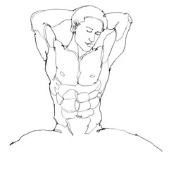Nude male figure, contour drawing for graphic design.