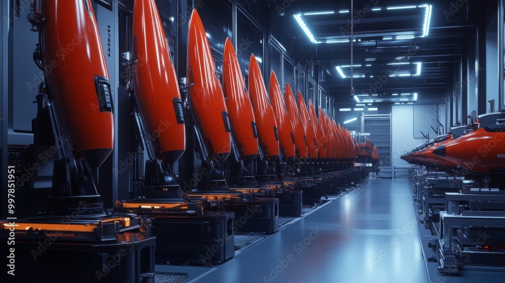Poster Inside a modern technological facility, a long row of red robotic drones is neatly aligned in a high-tech storage area