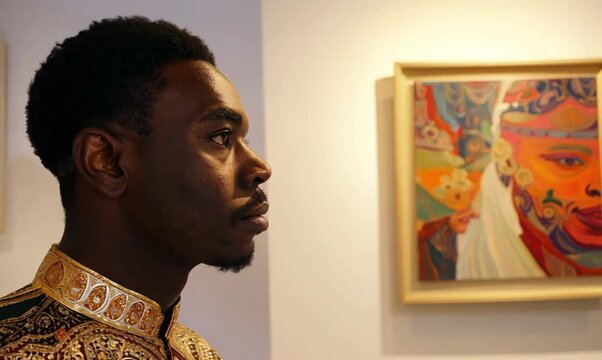 Gambian Man Admiring Artwork at Gallery Exhibition