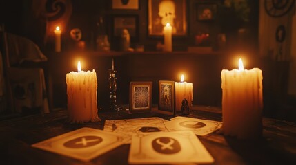 Halloween Trivia Night in a Candlelit Room with Spooky Question Cards and Eerie Symbols