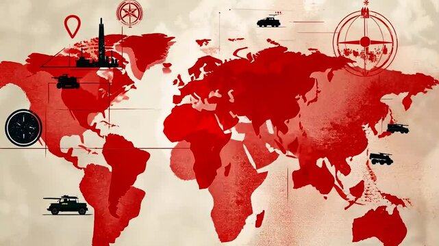 A red-tinted world map with silhouettes of aircraft and vehicles, symbolizing global conflict, geopolitical tension, or worldwide crisis, evoking a sense of urgency and alertness. 4K video