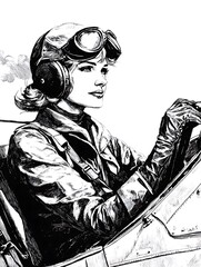 A Woman Pilot in a Vintage Airplane Cockpit.