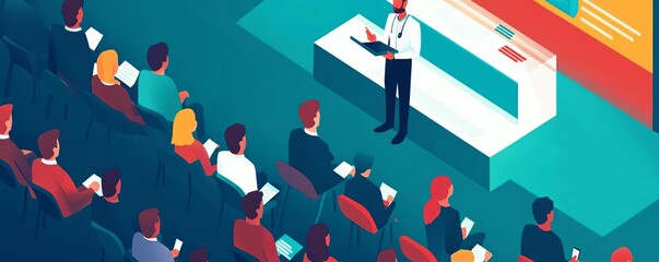 Presenter at scientific conference speaking to audience flat design top view academic setting theme animation vivid
