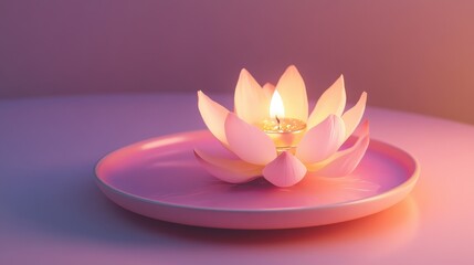 Pink Lotus Flower with a Lighted Candle in the Center