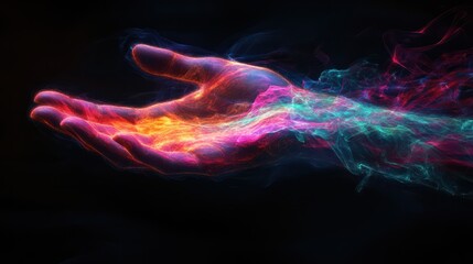 Hand Radiating Dynamic Energy Patterns. An outstretched hand is enveloped in vibrant energy patterns, suggesting a powerful flow of healing or psychic energy in a dark background.