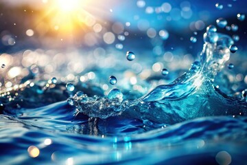 Extreme close-up blurry blue water surface with bubbles and splashes nature background with sunlight