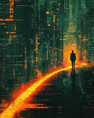 Fototapeta premium nature soul harmonize A solitary figure walks down a glowing path through a futuristic, digital landscape filled with abstract data patterns.
