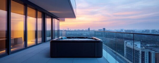 Fototapeta premium A modern minimalist balcony with a glass railing, featuring a sleek black hot tub and panoramic views of the urban landscape at dusk
