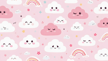Playful cartoon clouds and rainbows on a pastel pink background ideal for children's designs