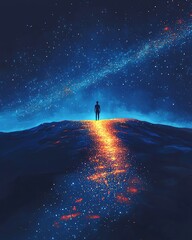 nature soul harmonize A solitary figure stands on a glowing path under a starry sky, embodying a journey through the cosmos and the unknown.