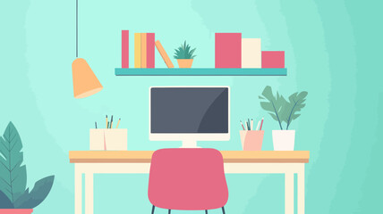 Modern Minimalist Designer Desk Workspace with Computer and Bookshelf, Home Office with Plants and Office Supplies, Stylish Study Area Illustration