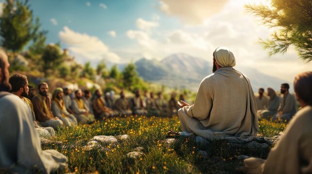 Jesus, people and teaching of faith, religion and christian belief with attention for holy or spiritual word of God. Prophet or religious leader in nature or Jerusalem with group listening outdoor