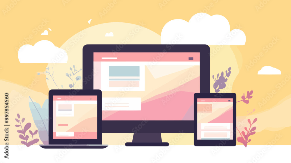 Poster responsive web design concept with desktop, tablet, and mobile devices showing consistent interface,