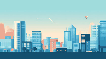 Fototapeta premium Modern Urban Skyline Vector Illustration - Flat Design City Landscape, Skyscrapers, and High-rise Buildings in Tranquil Colors for Architectural Concepts and Urban Planning