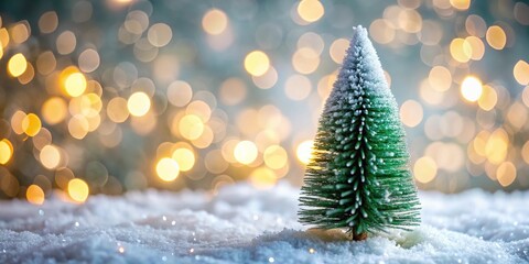 Extreme close-up festive mini Christmas tree with snow and soft bokeh lights