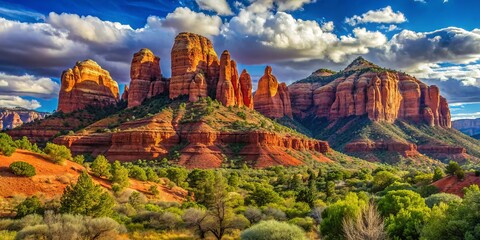 Lush Arizona scene showcasing breathtaking red rock formations against a pristine blue sky, perfectly set in the serene