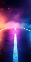 Wet asphalt road illuminated by neon lights and smoke flat design top view urban night scene theme 3D render Complementary Color Scheme