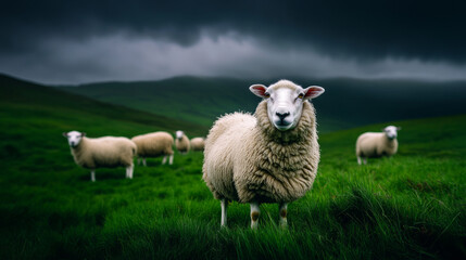 Obraz premium A herd of Icelandic sheep grazing on a green hillside, with dramatic clouds overhead.