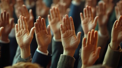 News from parliamentary meetings: voting on various issues, many hands raised in unison as a symbol of unity in decision-making.