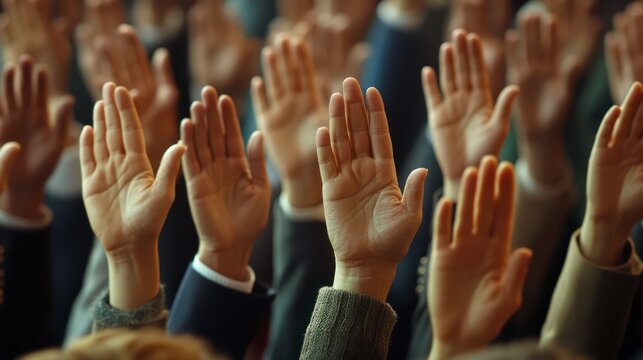 News from parliamentary meetings: voting on various issues, many hands raised in unison as a symbol of unity in decision-making.