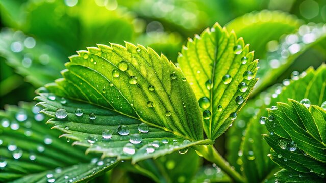 Lush green leaves of a thurst plant glisten with dew droplets, set against a softly blurred natural backdrop,