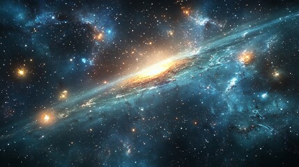 A swirling galaxy with a glowing core, surrounded by scattered stars and nebulae in a deep blue space.