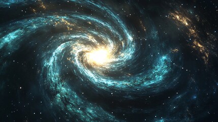 A swirling galaxy with bright light at its center against a backdrop of dark space with twinkling stars.