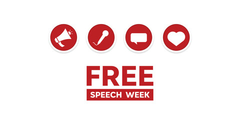 Free Speech Week. Horn speaker, mic, message and heart. Great for cards, banners, posters, social media and more. White background.