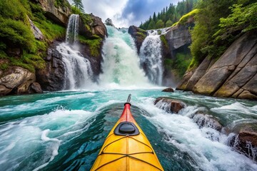 Extreme close-up kayaking in waterfall stream Alaska