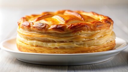 Extreme close-up macro shot of puff pastry pie in a white plate