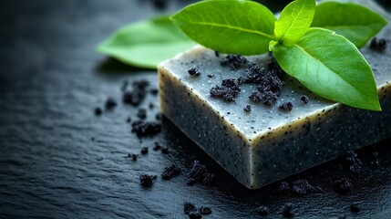 Close-up of a charcoal and tea tree oil soap bar, sharp edges and smooth matte surface, crushed charcoal sprinkled around, bright green tea tree leaves in contrast, cool lighting creating shadows,