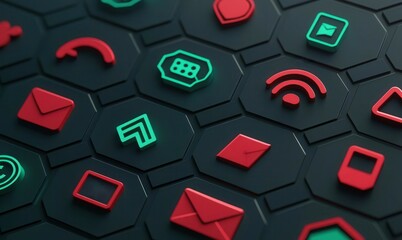 A collection of colorful app icons on a dark hexagonal background, featuring messaging, connectivity, and navigation symbols.