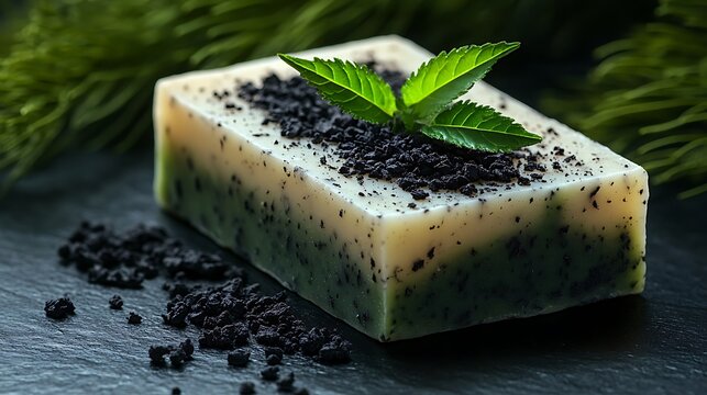 Close-up of a charcoal and tea tree oil soap bar, sharp edges and smooth matte surface, crushed charcoal sprinkled around, bright green tea tree leaves in contrast, cool lighting creating shadows,