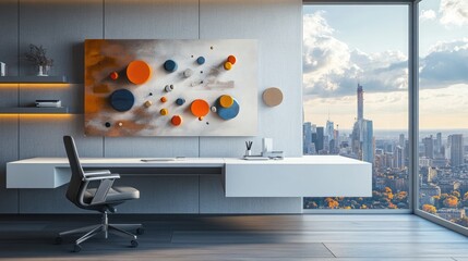 A modern and minimalist home office with a floating desk