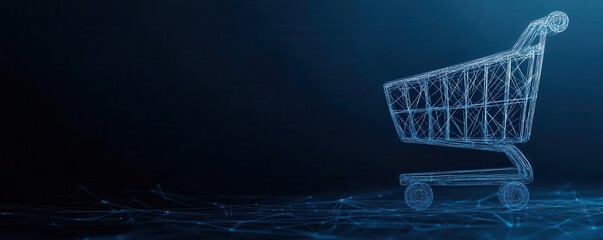 A digital shopping cart rendered in glowing particles against a dark backdrop, symbolizing online shopping and e-commerce technology.