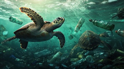 Fototapeta premium Plastic pollution with turtles swimming underwater between discarded plastic bottles.